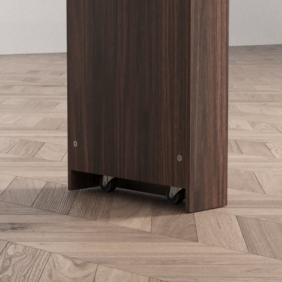 Walnut bar cabinet from Anthony & Home with ribbed glass doors, rotating top, and six storage compartments in the Atelier Collection.