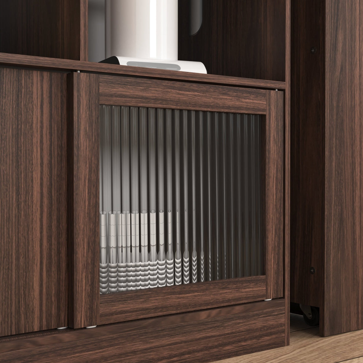 Walnut bar cabinet by Anthony & Home with rotating top, six storage compartments, and ribbed glass doors from the Atelier Collection.