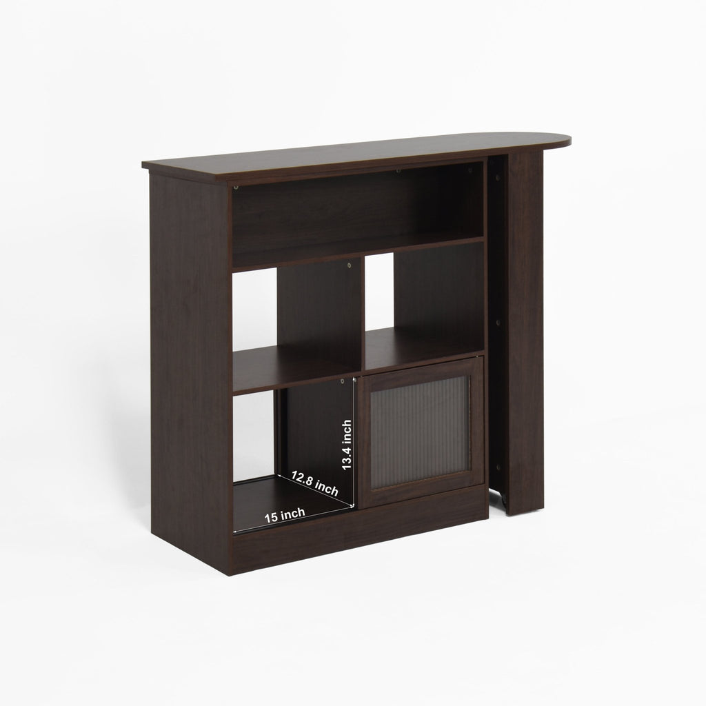 Walnut bar cabinet with rotating top, six storage compartments, ribbed glass doors, from Anthony & Home's Atelier Collection.