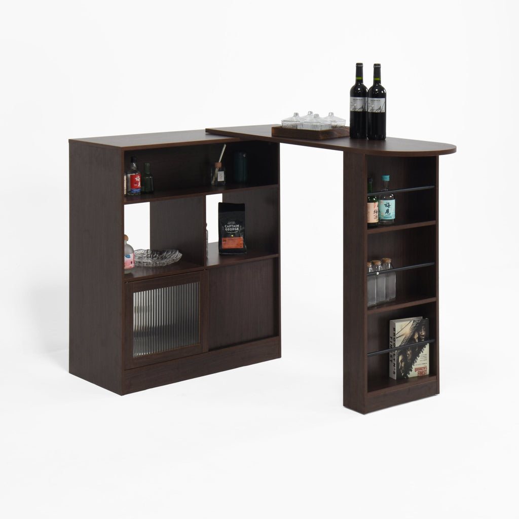 Walnut bar cabinet with rotating top, six storage compartments, ribbed glass doors, part of the Atelier Collection by Anthony & Home