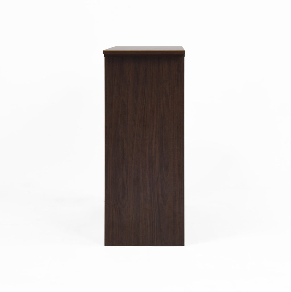 Walnut Bar Cabinet from Anthony & Home’s Atelier Collection with rotating top, six storage compartments, and ribbed glass doors.