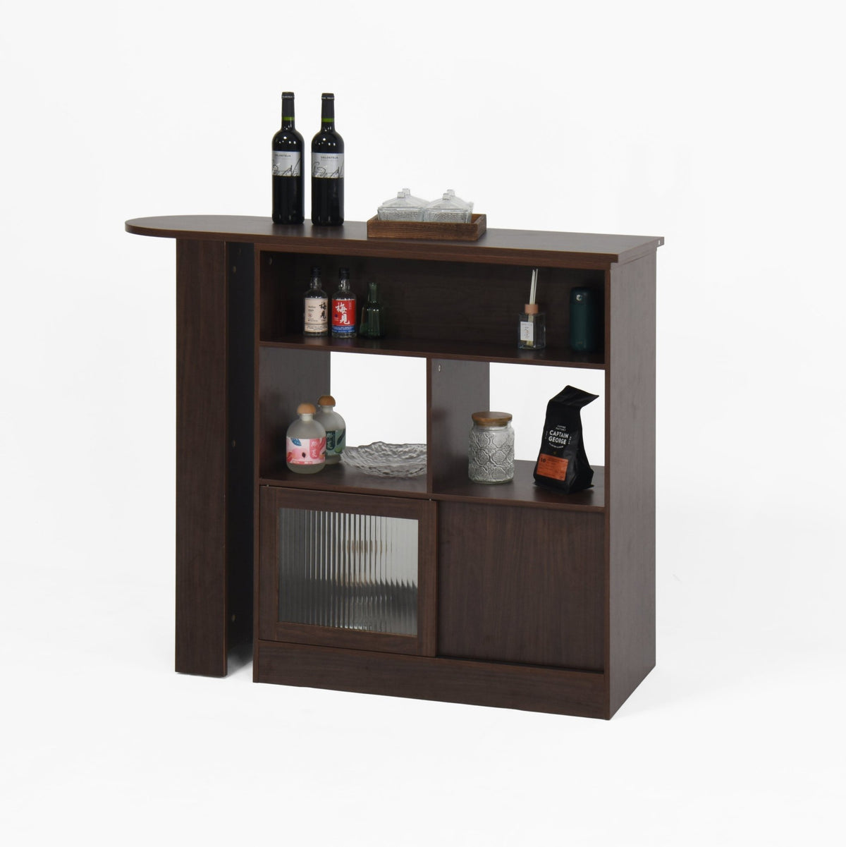Walnut bar cabinet with rotating top, six storage compartments, ribbed glass doors from Anthony & Home Atelier Collection