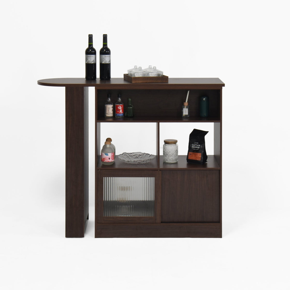Anthony & Home Walnut Bar Cabinet with ribbed glass doors, rotating top, and six storage compartments from the Atelier Collection.