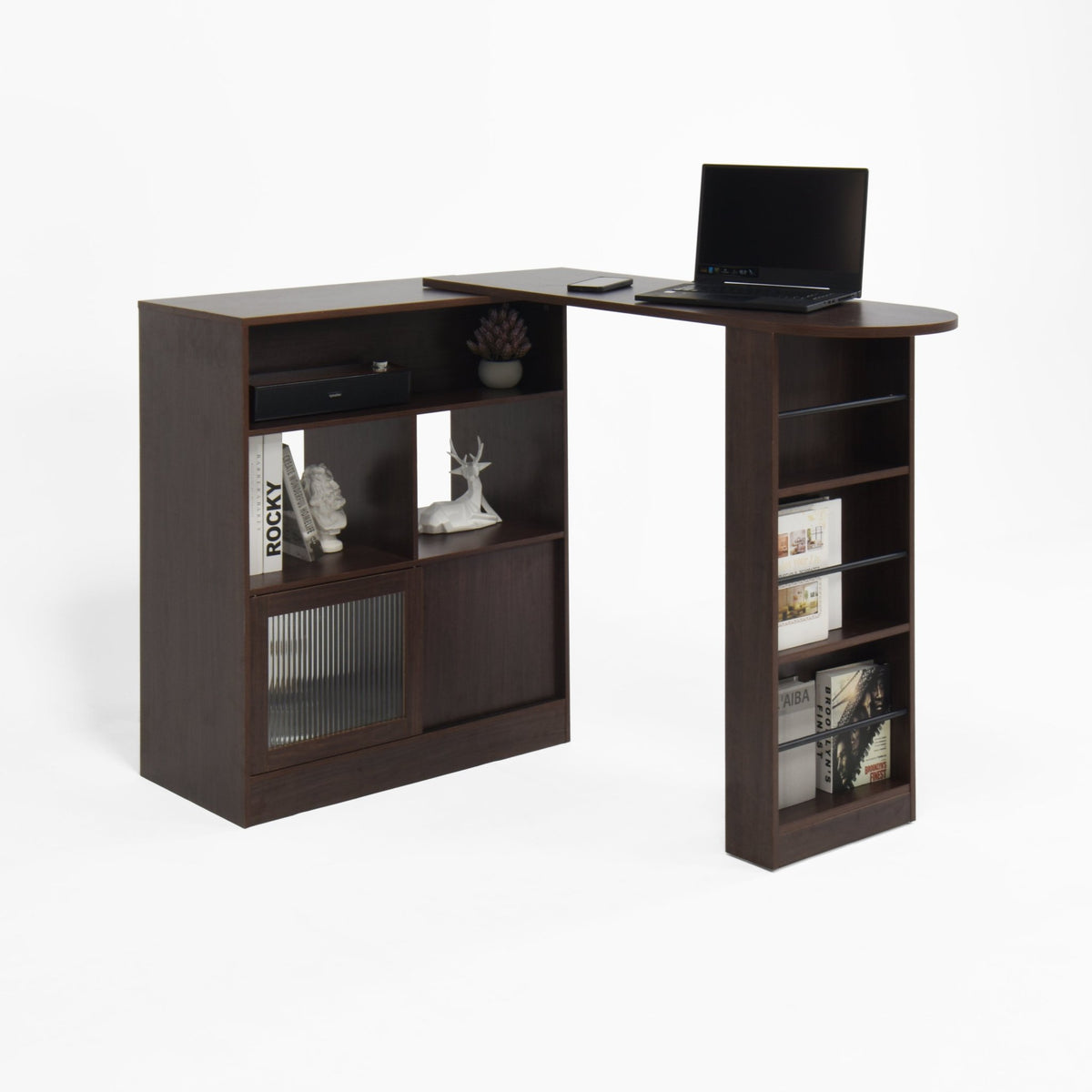 Walnut bar cabinet from Anthony & Home with rotating top, six storage compartments, and ribbed glass doors in the Atelier Collection.