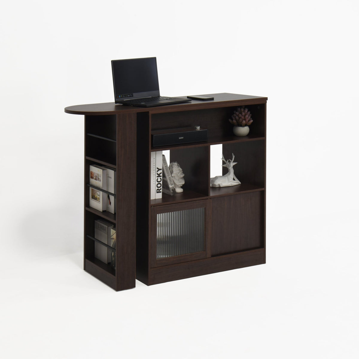 Anthony & Home Walnut Bar Cabinet with rotating top, six storage compartments, and ribbed glass doors in the Atelier Collection.