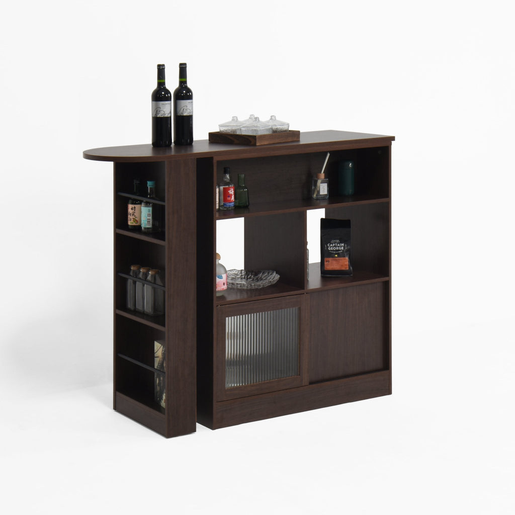 Walnut bar cabinet by Anthony & Home with ribbed glass doors, rotating top, and six storage compartments in the Atelier Collection.