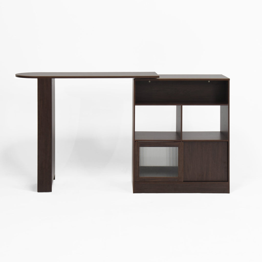Walnut bar cabinet with rotating top, six storage compartments, ribbed glass doors, from Anthony & Home Atelier Collection.