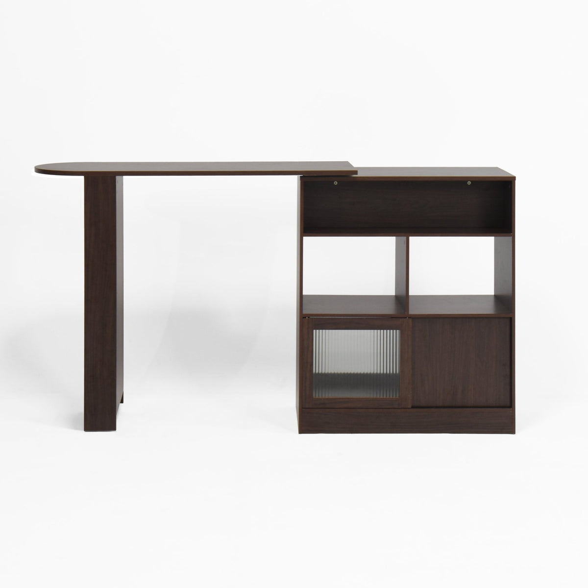 Walnut bar cabinet with rotating top, six storage compartments, ribbed glass doors, from Anthony & Home Atelier Collection.