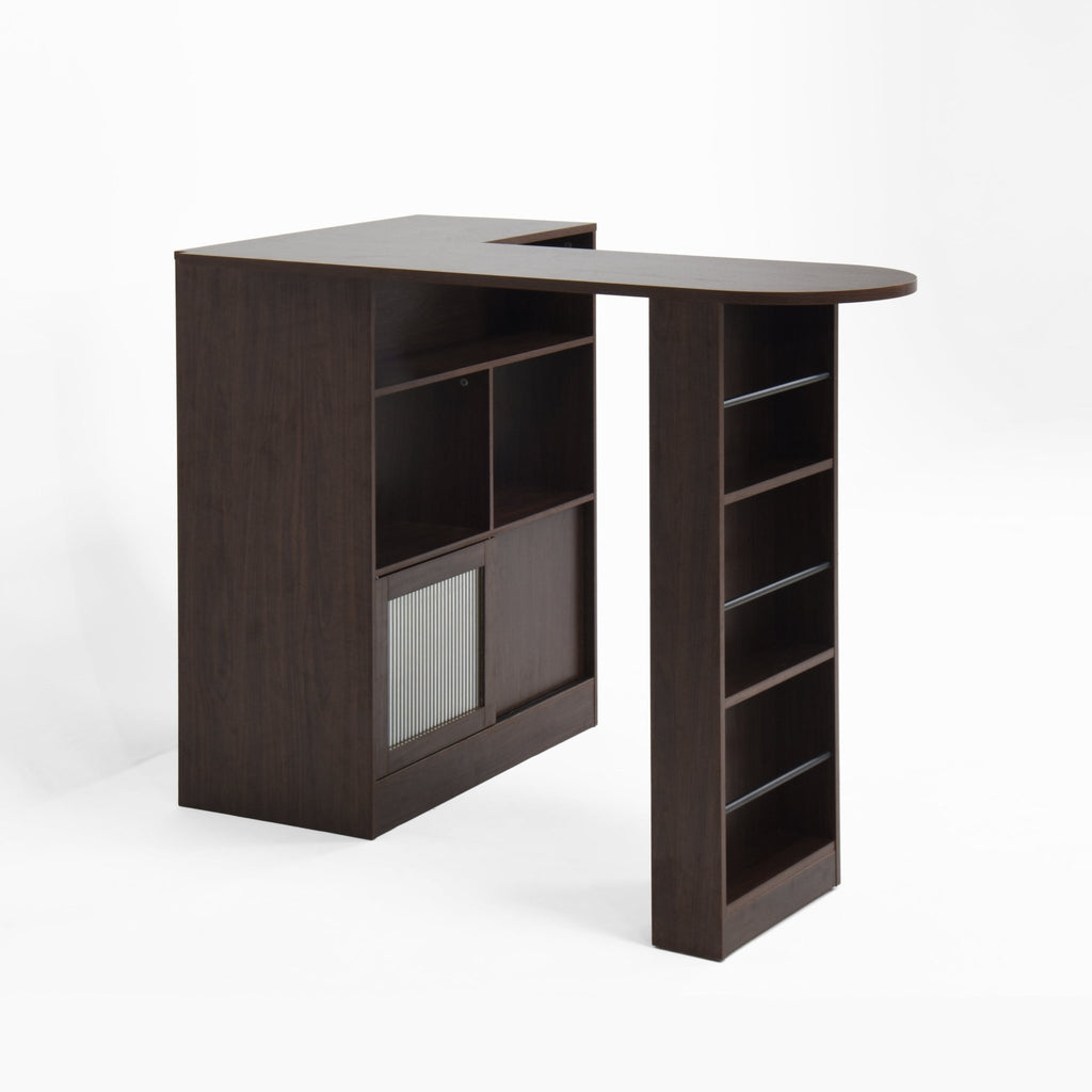 Walnut bar cabinet from Anthony & Home with ribbed glass doors, rotating top, and six storage compartments in the Atelier Collection.