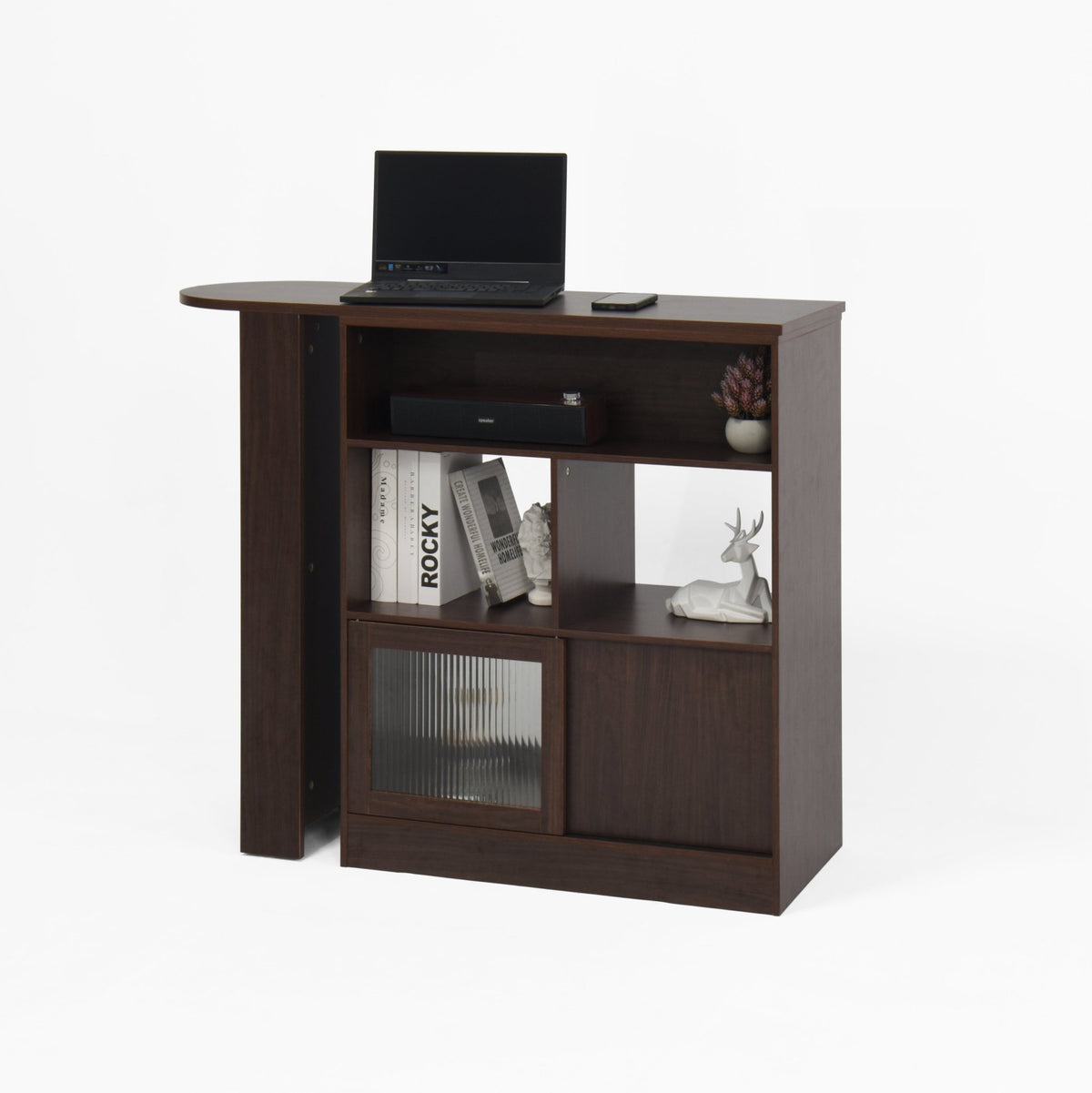 Walnut bar cabinet by Anthony & Home featuring rotating top, six storage compartments, and ribbed glass doors from the Atelier Collection.