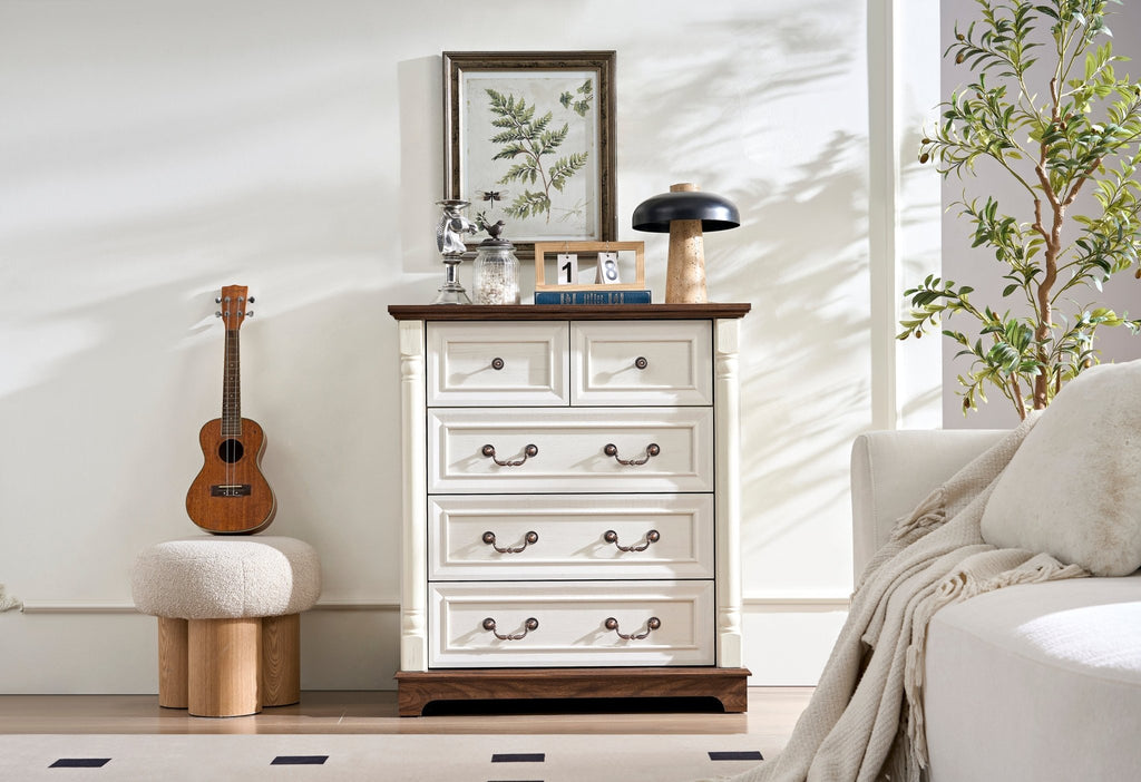 Walnut finish farmhouse 5-drawer dresser with plinth base from Anthony & Home Heritage Collection, showcasing rustic wooden storage.