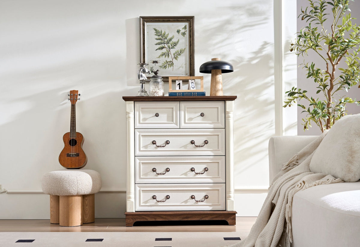 Walnut finish farmhouse 5-drawer dresser with plinth base from Anthony & Home Heritage Collection, showcasing rustic wooden storage.