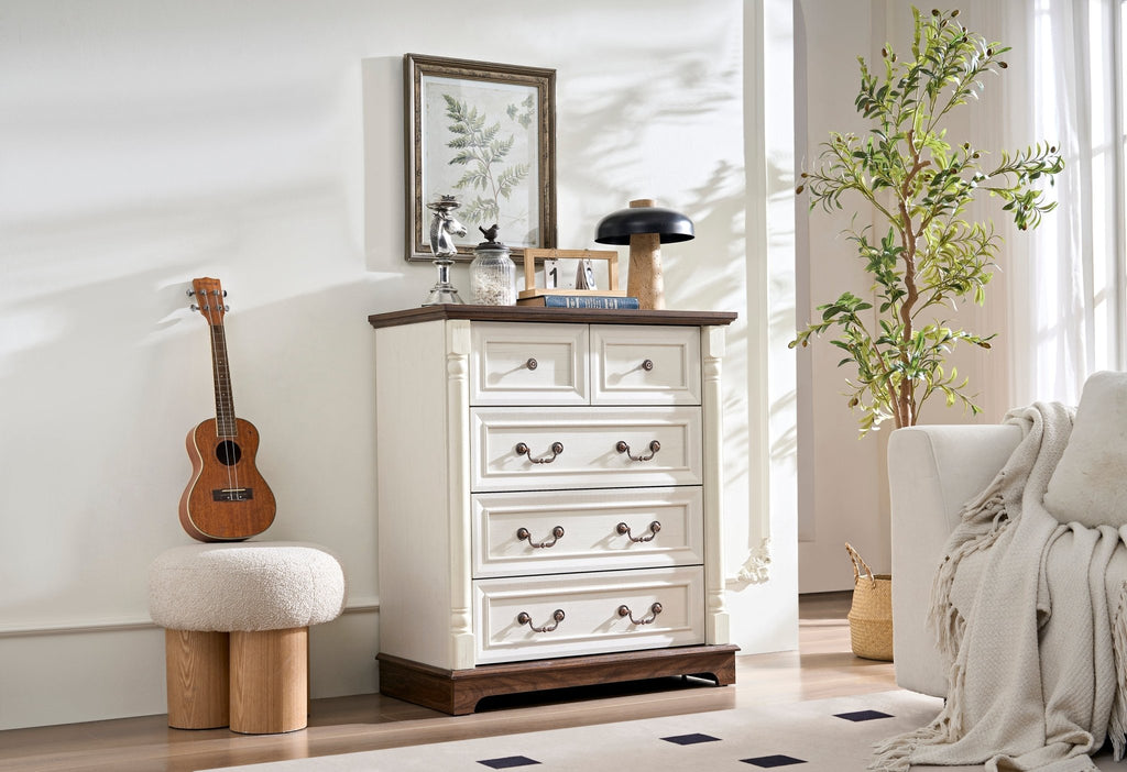 Walnut finish farmhouse 5-drawer dresser chest with plinth base from Anthony & Home Heritage Collection, showcasing wood grain and classic design.
