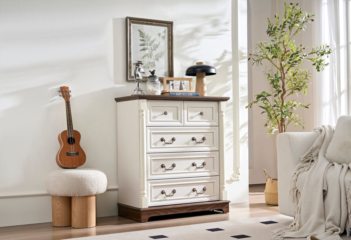 Walnut finish farmhouse 5-drawer dresser chest with plinth base from Anthony & Home Heritage Collection, showcasing wood grain and classic design.