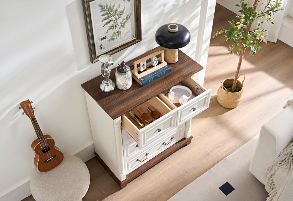 Walnut finish farmhouse 5-drawer dresser chest with plinth base from Anthony & Home Heritage Collection, showcasing wood grain and classic design.