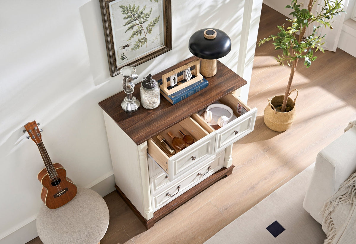 Walnut finish farmhouse 5-drawer dresser chest with plinth base from Anthony & Home Heritage Collection, showcasing wood grain and classic design.