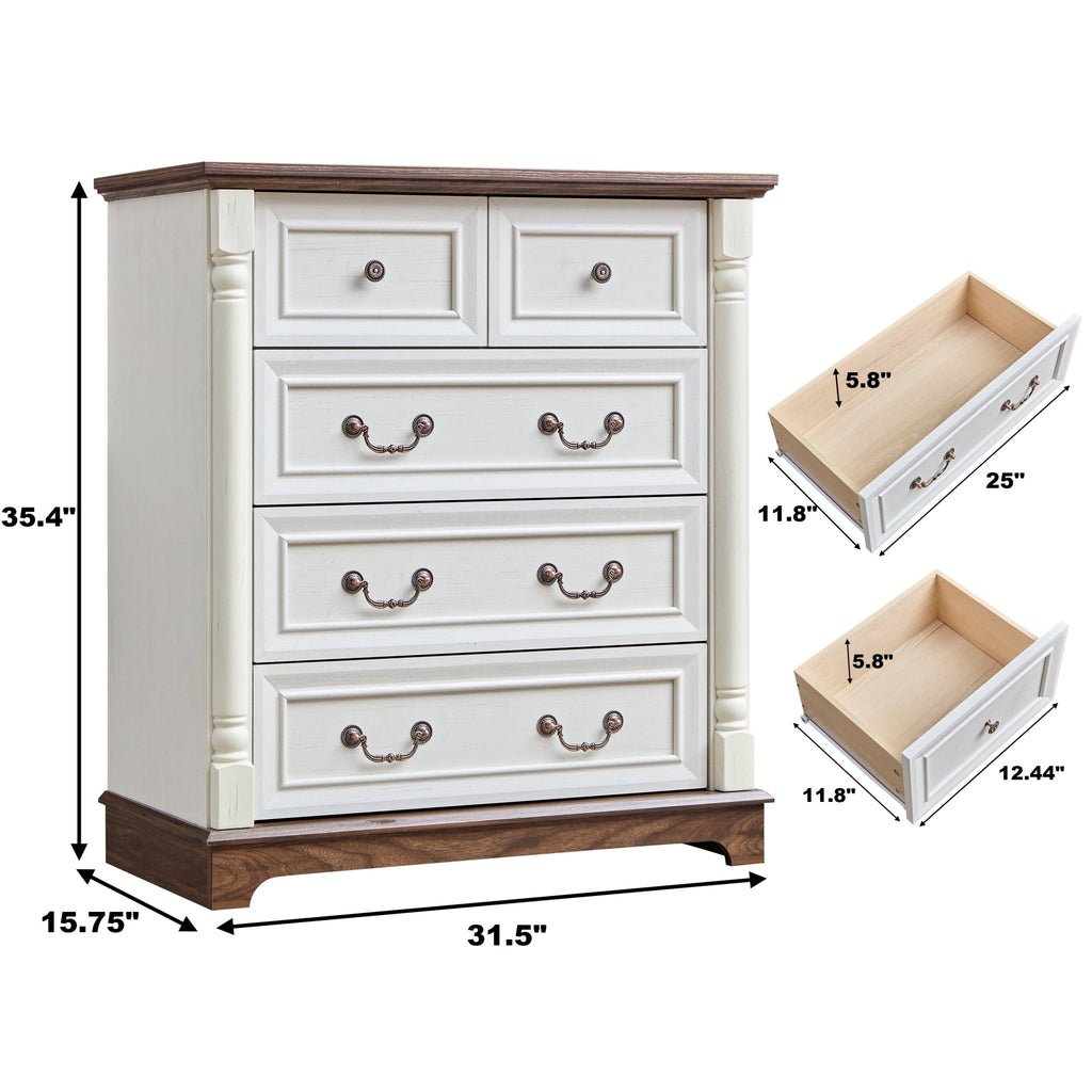 Walnut finish farmhouse 5-drawer dresser chest with plinth base from Anthony & Home Heritage Collection.