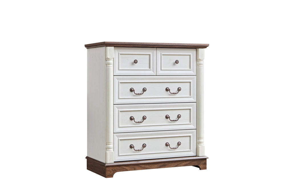 Walnut finish farmhouse 5-drawer dresser with plinth base from Anthony & Home Heritage Collection, showcasing rustic wooden storage furniture.