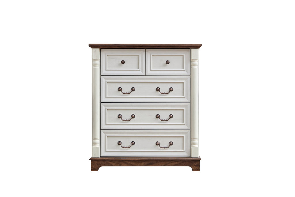 Walnut finish farmhouse 5-drawer dresser chest with plinth base from Anthony & Home Heritage Collection.