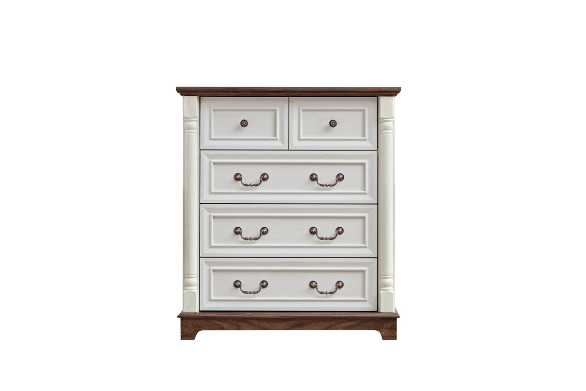 Walnut finish farmhouse 5-drawer dresser chest with plinth base from Anthony & Home Heritage Collection.