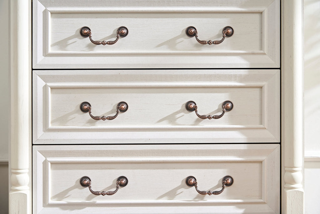 Walnut finish farmhouse 5-drawer dresser chest with plinth base from Anthony & Home Heritage Collection, featuring classic wooden design.
