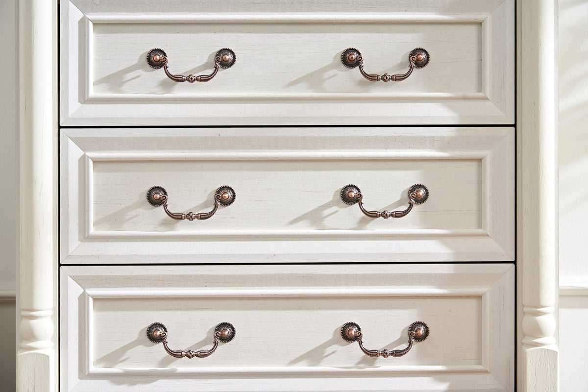 Walnut finish farmhouse 5-drawer dresser chest with plinth base from Anthony & Home Heritage Collection, featuring classic wooden design.