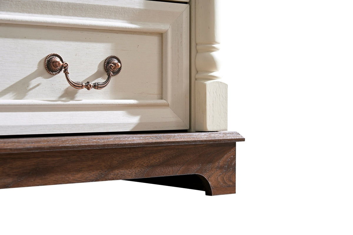 Walnut finish farmhouse 5-drawer dresser chest with plinth base from Anthony & Home Heritage Collection, showcasing wood grain and classic design.