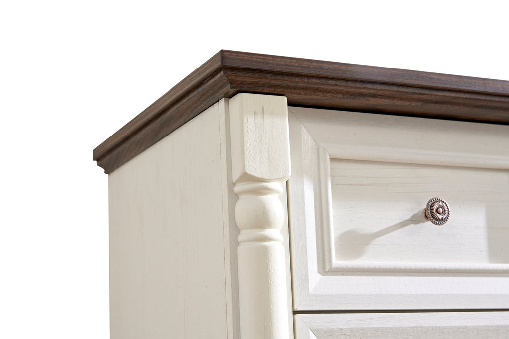 Walnut finish farmhouse 5-drawer dresser chest with plinth base from Anthony & Home Heritage Collection, showcasing classic wooden design.