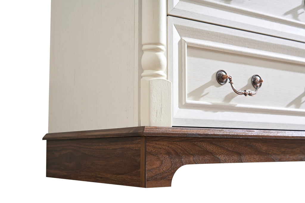 Walnut finish farmhouse 5-drawer dresser chest with plinth base from Anthony & Home Heritage Collection, showing its classic design and hardware.