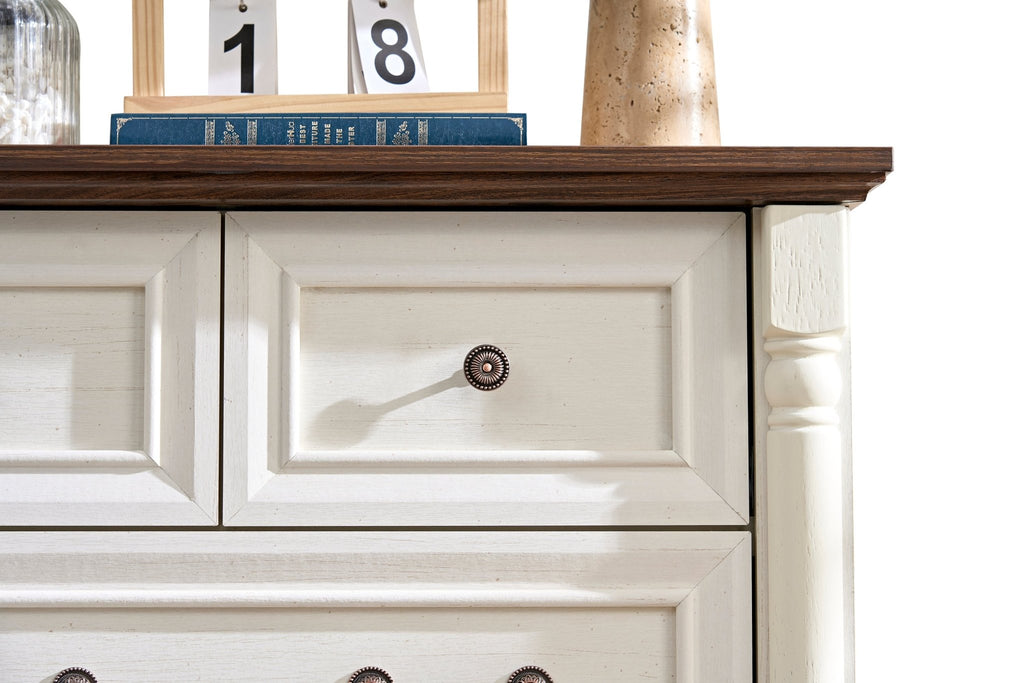 Walnut finish farmhouse 5-drawer dresser chest with plinth base from Anthony & Home Heritage Collection, showcasing a sturdy design and wood grain.