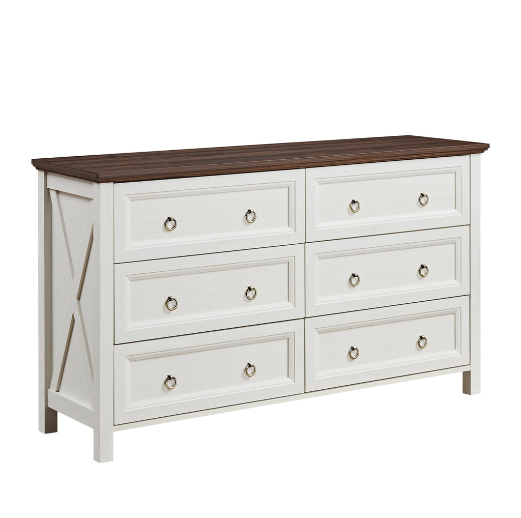 Walnut finish farmhouse 6-drawer dresser by Anthony & Home showcasing rustic wooden storage with metal handles.