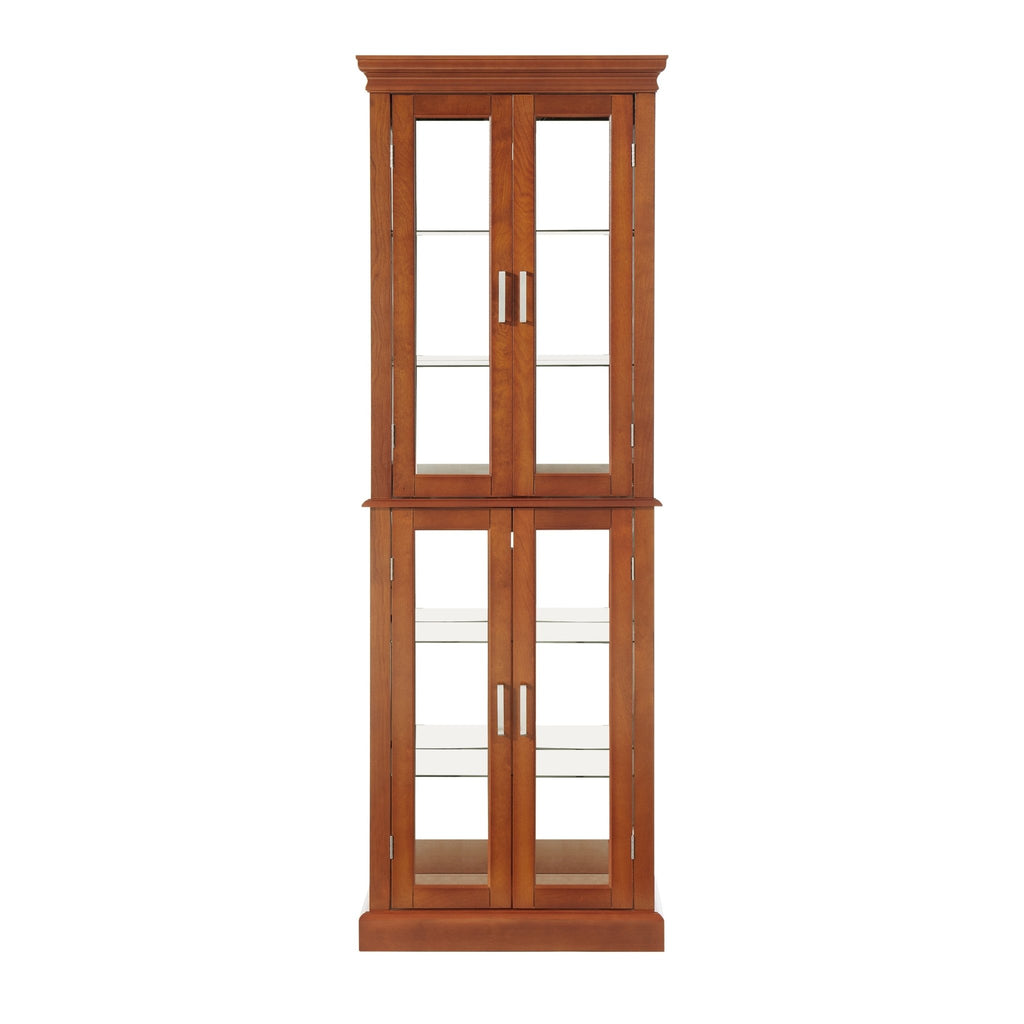 Walnut finish lighted curio cabinet with mirrored back showcasing glass shelves and display space, by Anthony & Home.