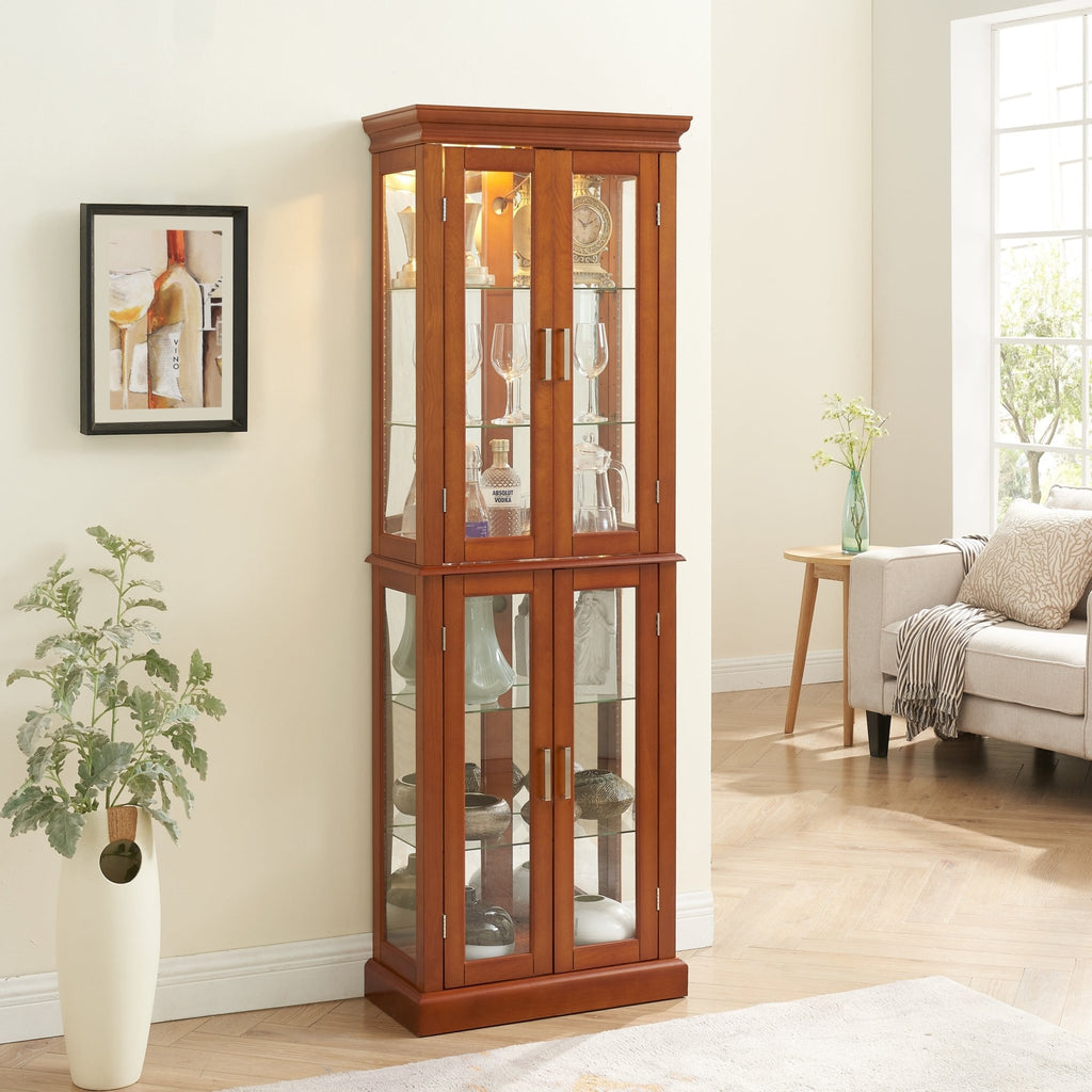 Walnut finish lighted curio cabinet with mirrored back and glass doors, showcasing display shelves for collectibles and decorative items.