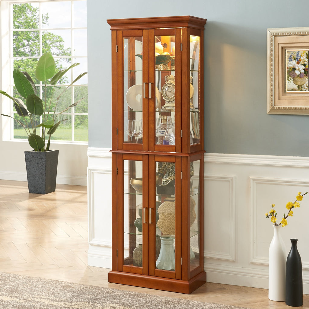 Walnut finish lighted curio cabinet with mirrored back and glass doors, showcasing shelves for displaying collectibles.