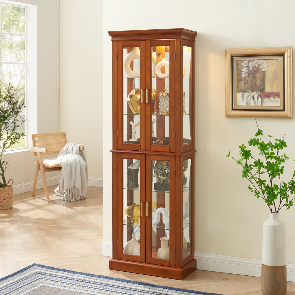Walnut finish lighted curio cabinet with mirrored back and glass shelves, showcasing elegant display storage by Anthony & Home
