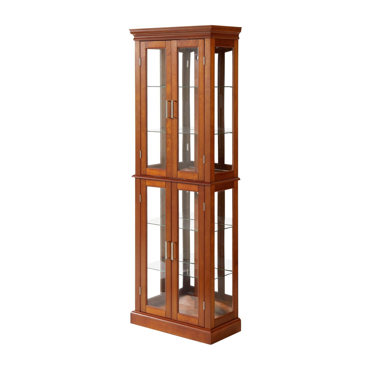 Walnut finish lighted curio cabinet with mirrored back and glass shelves, showcasing elegant display space by Anthony & Home.