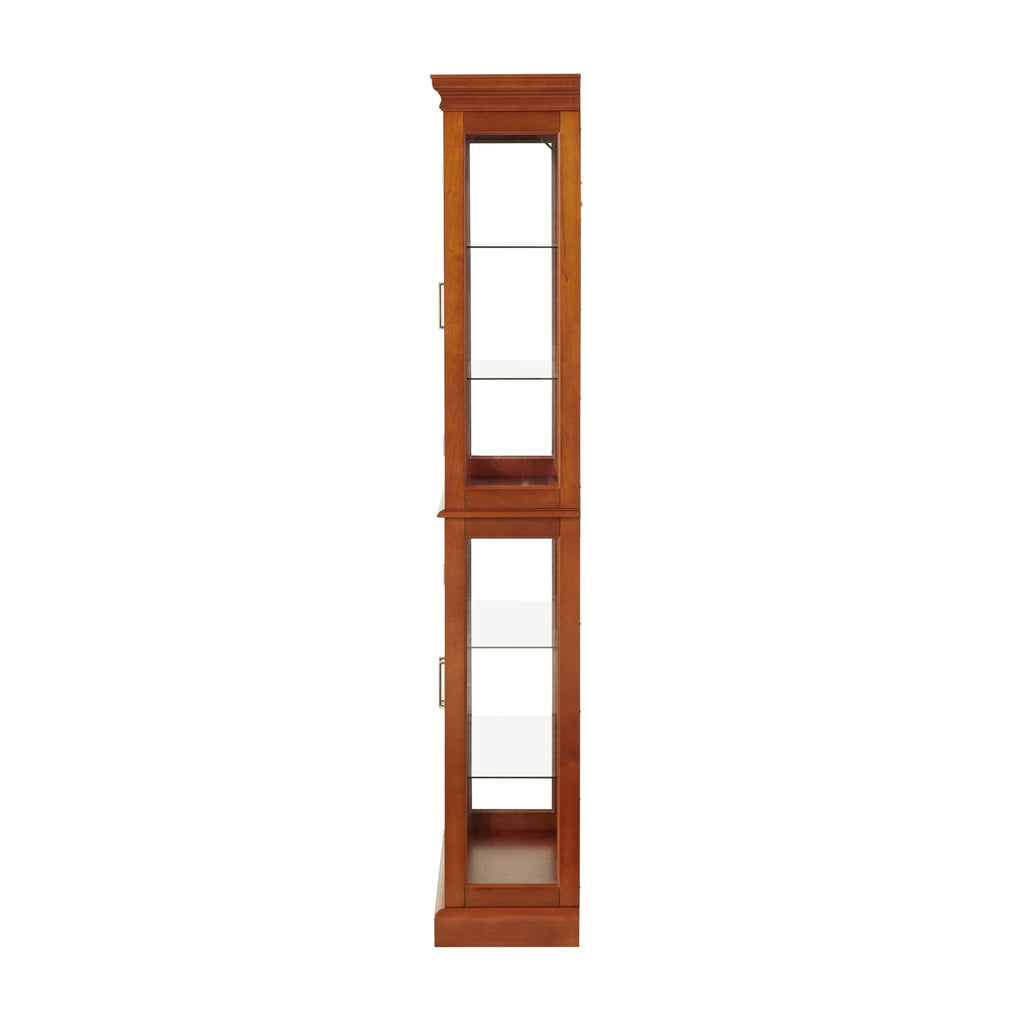 Walnut finish lighted curio cabinet with mirrored back and glass shelves, showcasing decorative collectibles and display space.