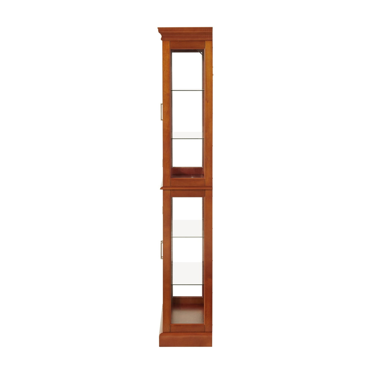 Walnut finish lighted curio cabinet with mirrored back and glass shelves, showcasing decorative collectibles and display space.