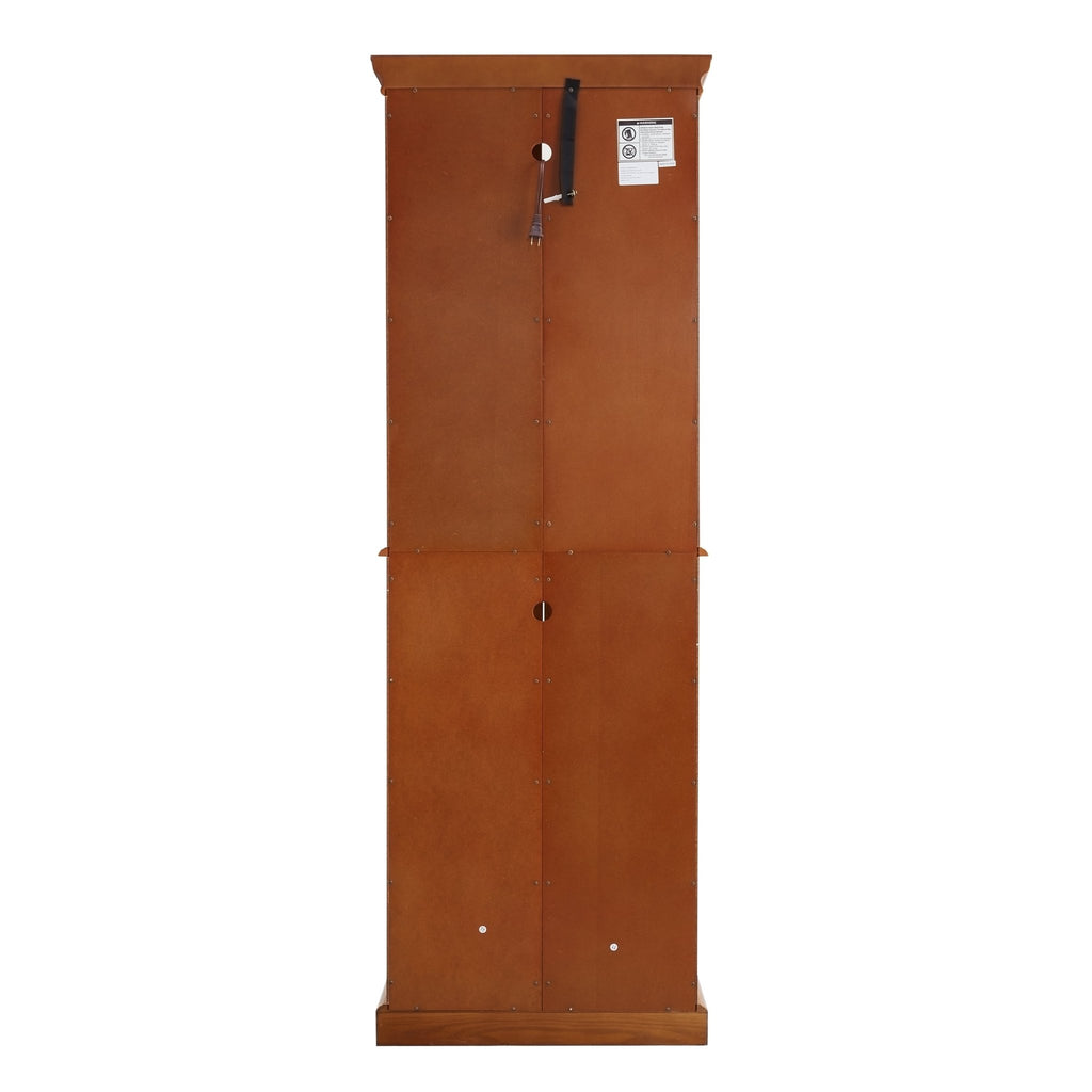 Walnut finish lighted curio cabinet with mirrored back, showcasing glass shelves and elegant display space by Anthony & Home.