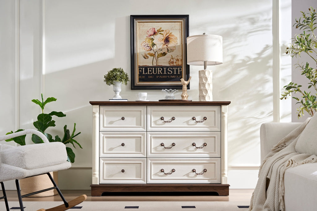 Walnut finish six-drawer dresser from the Heritage Collection by Anthony & Home, featuring sleek bedroom storage and classic design.