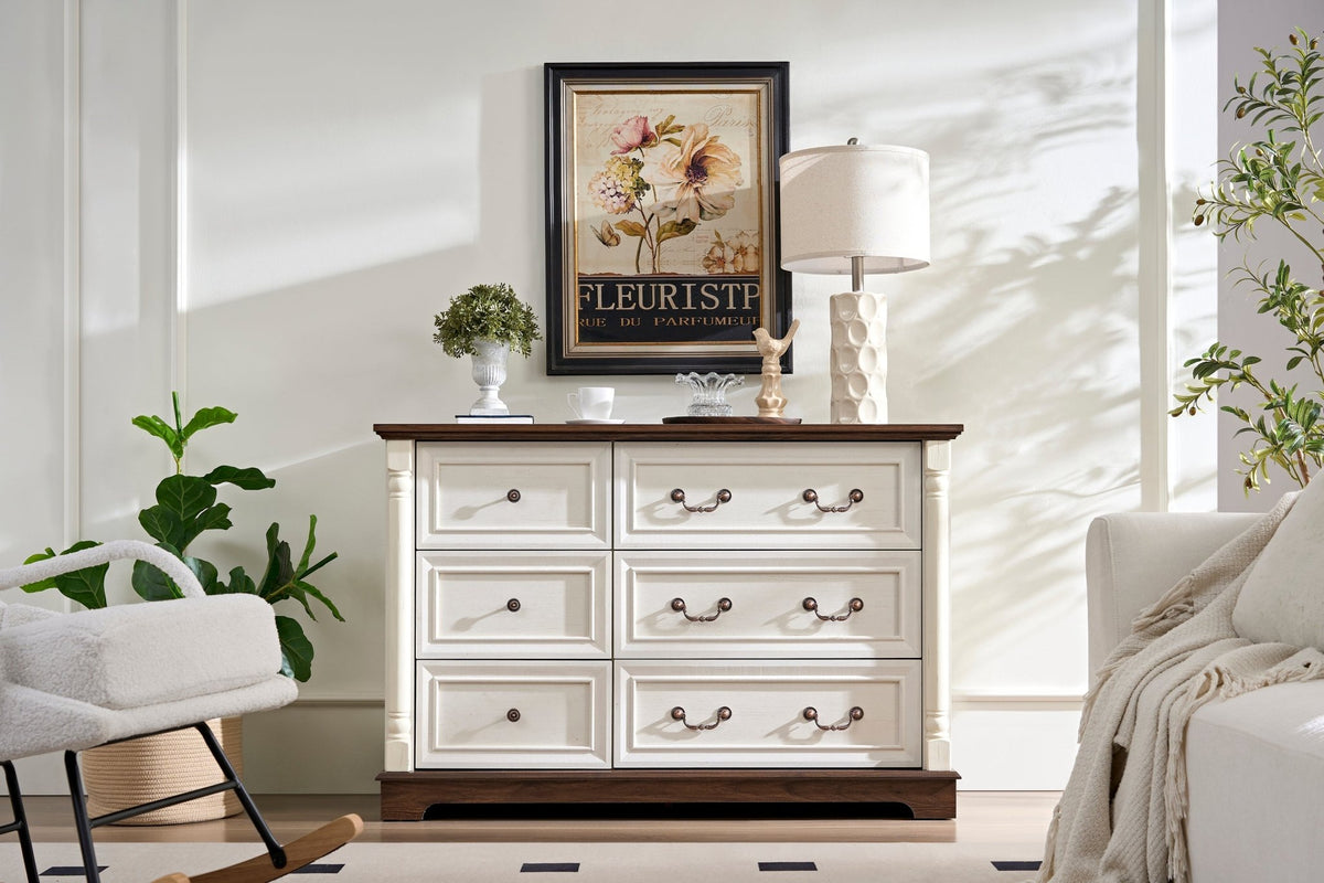 Walnut finish six-drawer dresser from the Heritage Collection by Anthony & Home, featuring sleek bedroom storage and classic design.
