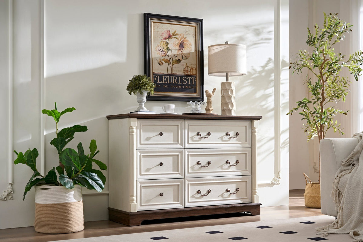 Walnut finish six-drawer dresser from Anthony & Home's Heritage Collection, featuring a timeless design for bedroom storage.