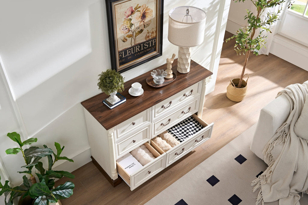 Walnut finish six-drawer dresser from Anthony & Home Heritage Collection, showcasing sleek bedroom storage furniture.