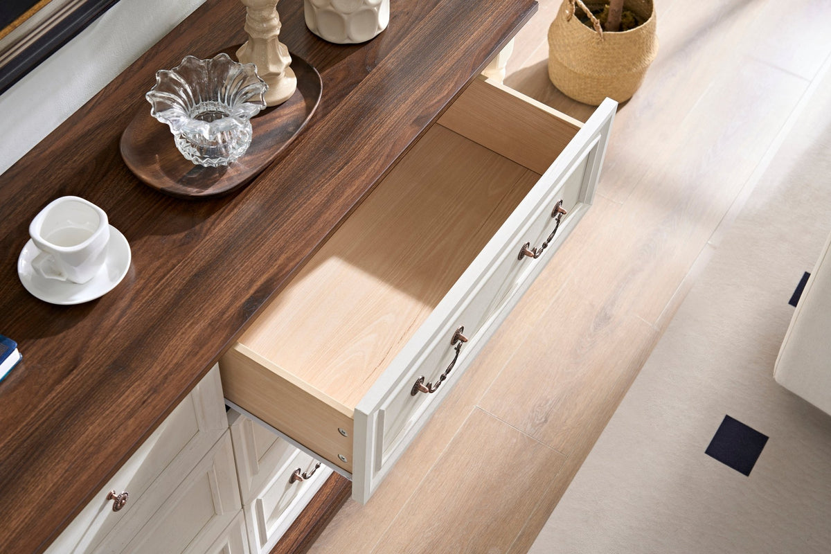 Walnut finish six-drawer dresser from Anthony & Home Heritage Collection with sleek, timeless bedroom furniture design.