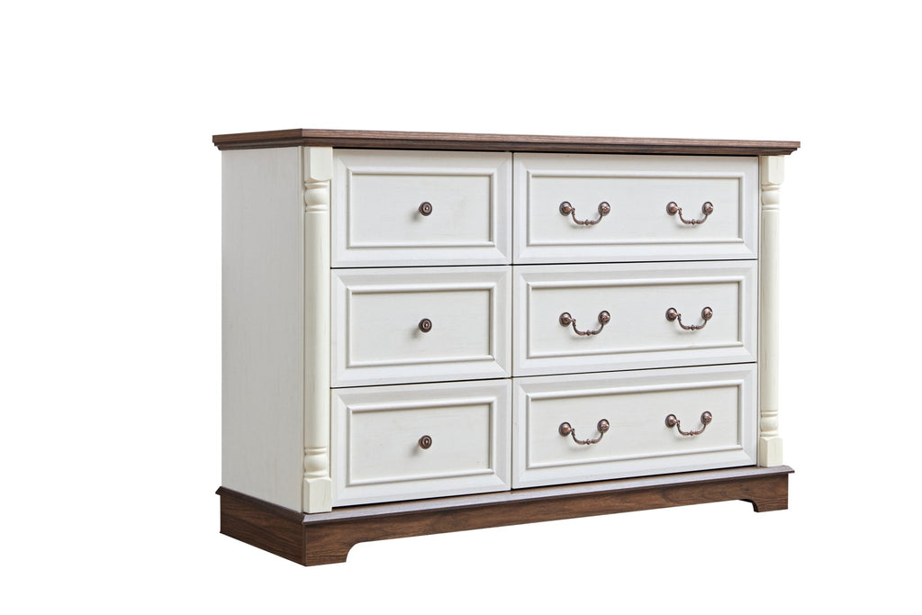 Walnut finish six-drawer dresser from Anthony & Home Heritage Collection, showcasing sleek wood grain and modern bedroom furniture style.