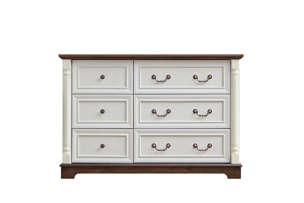Walnut finish six-drawer dresser from Anthony & Home Heritage Collection, showcasing sleek bedroom storage with elegant wood grain.