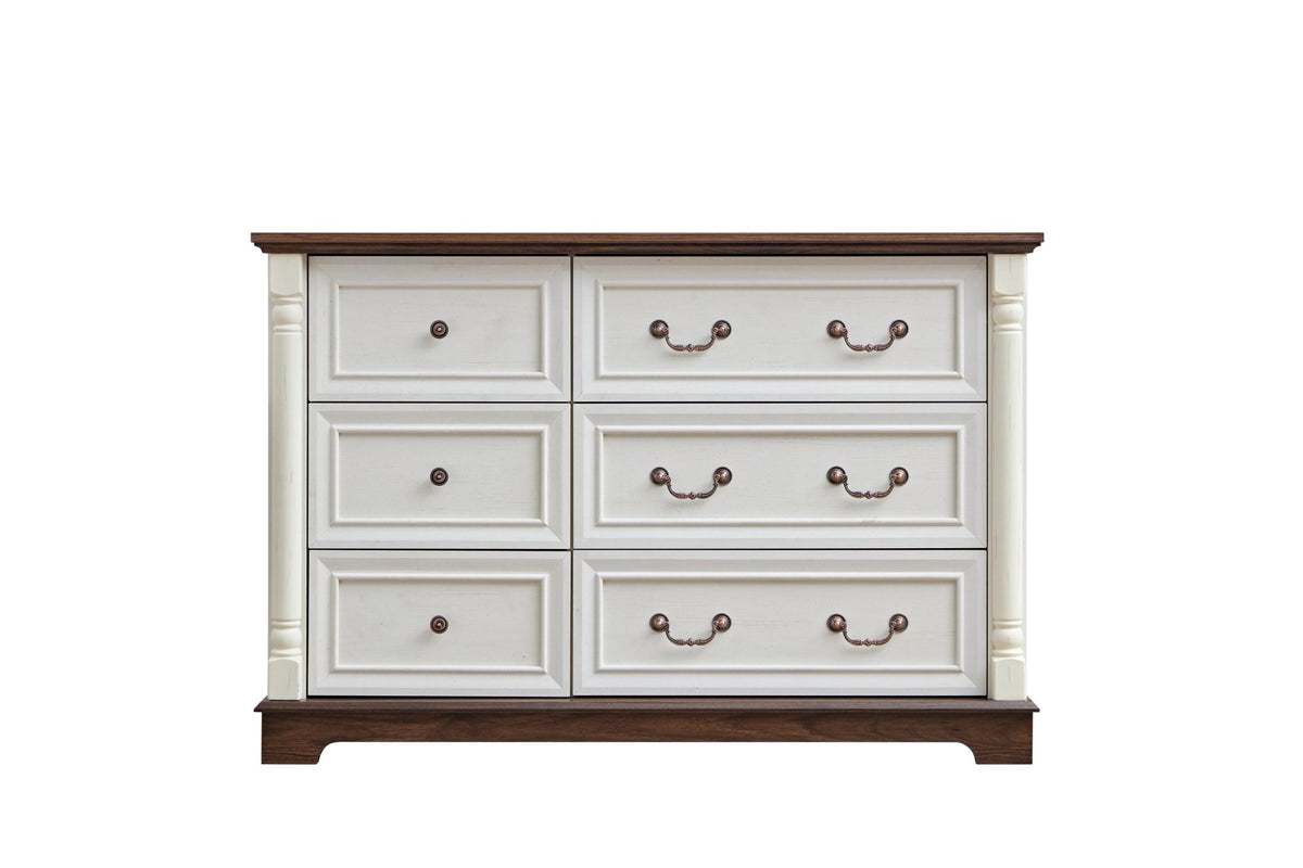 Walnut finish six-drawer dresser from Anthony & Home Heritage Collection, showcasing sleek bedroom storage with elegant wood grain.