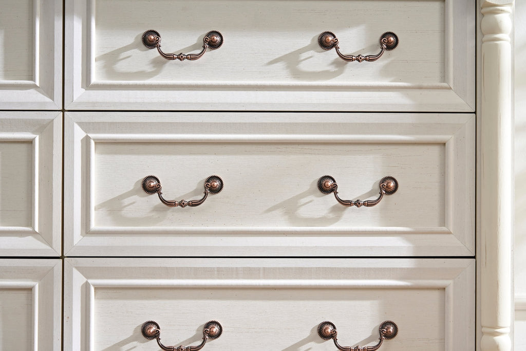 Walnut finish six-drawer dresser from Anthony & Home Heritage Collection, showcasing elegant bedroom furniture design.