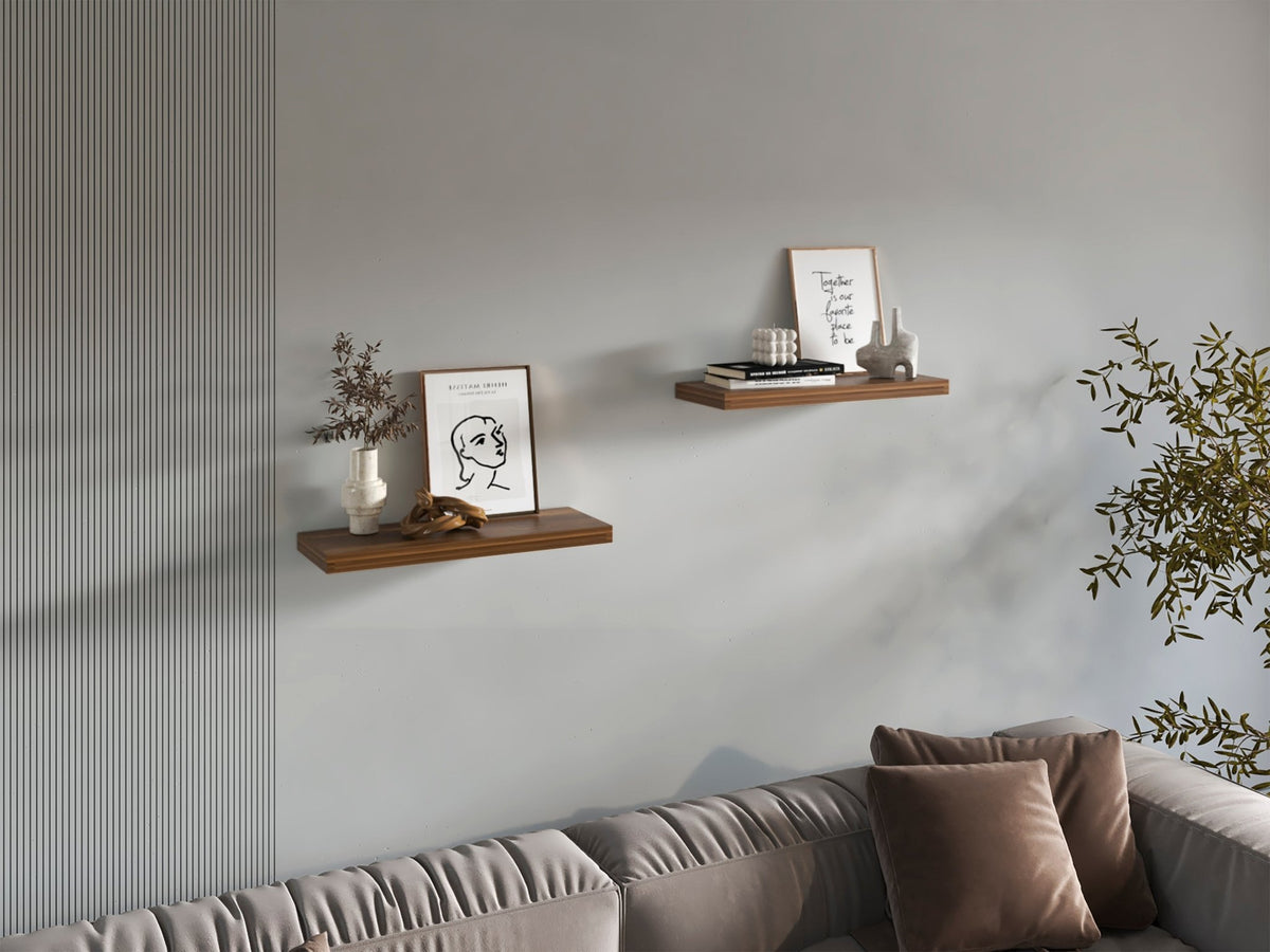 Walnut floating shelves from Anthony & Home, two-shelf system, Elite Edition, showcasing modern design and natural walnut wood finish.
