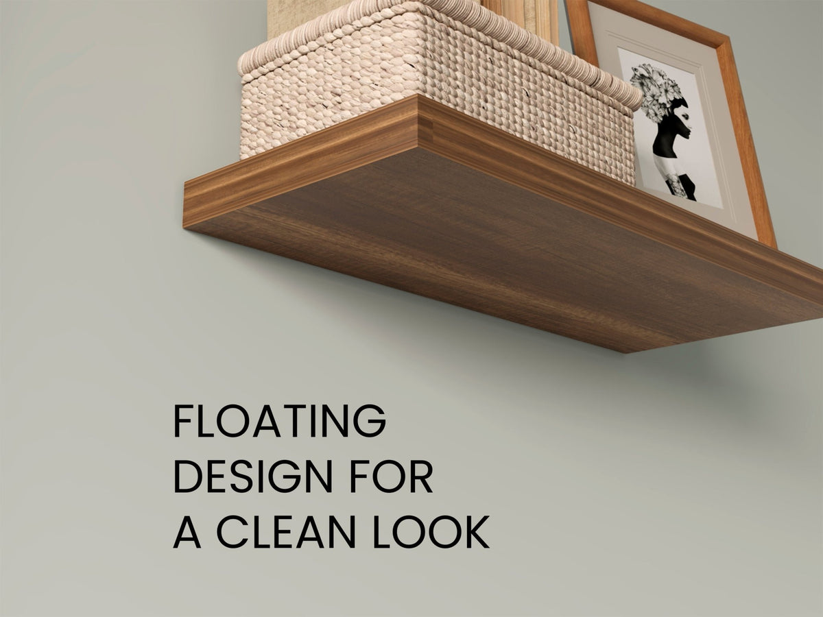 Walnut floating shelves from Anthony & Home's Elite Edition two-shelf system, showcasing sleek, natural walnut wood design.
